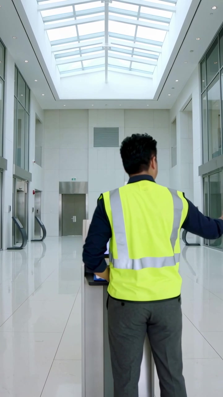 Video verticale: Lavoratore che cammina con un giubbotto di sicurezza che usa un chiosco nella hall, raggiungendo e completando un'attività.