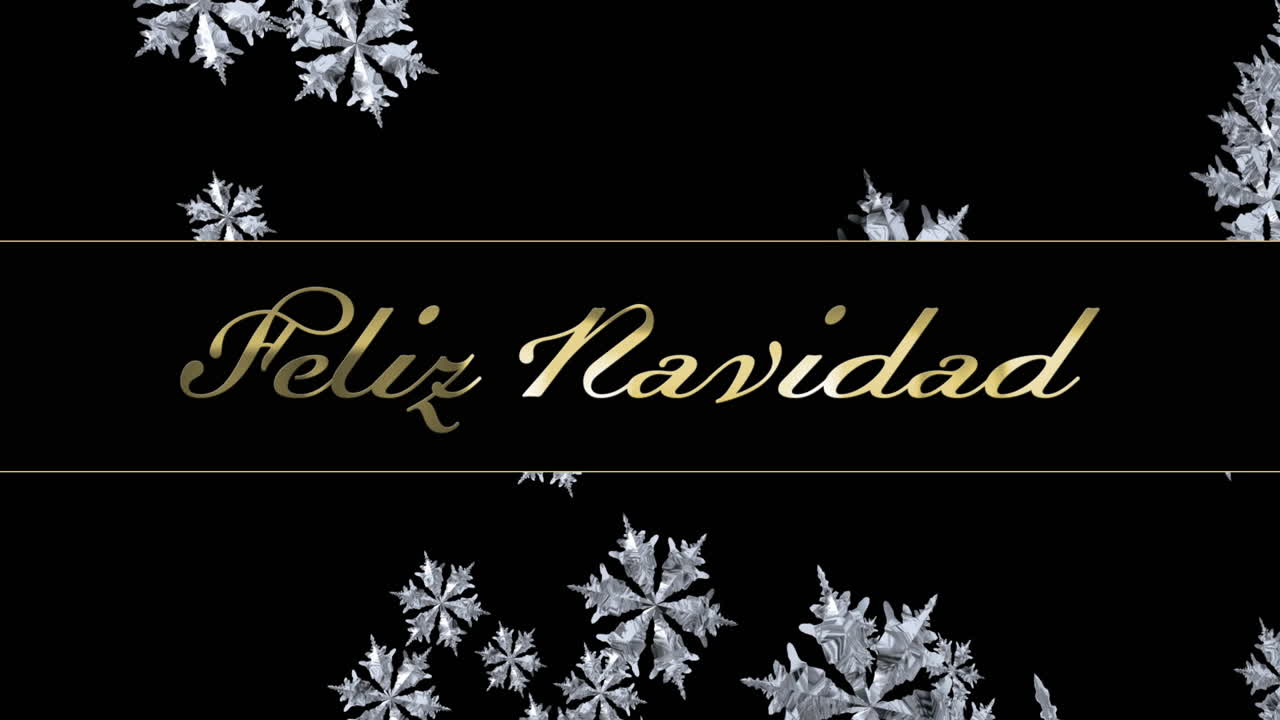 animación de texto de feliz navidad sobre copos de nieve en fondo negro