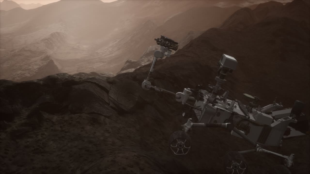 Mars-mönkijä Curiosity tutkimassa punaisen planeetan pintaa. Kuvan elementit on toimittanut NASA.