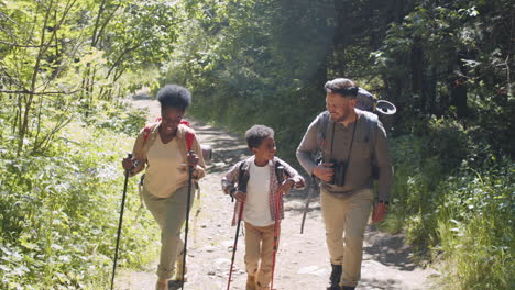 familia multiétnica feliz caminando con palos de senderismo y mochilas