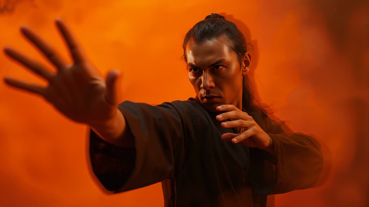 Starting stance shifting martial artist extending left guard in studio with orange haze defending