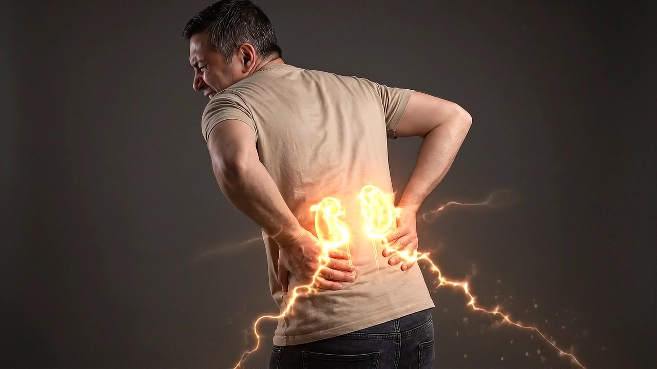 Rear view of man holding glowing painful lower back showing discomfort