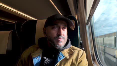 pensive south asian man wearing baseball cap and wireless earphones looking out shinkansen train window during trip