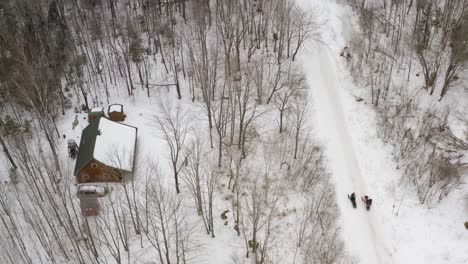 Schneemobile-Halten-Entlang-Der-Straße-Vor-Dem-Haus-In-Der-Luftaufnahme-Der-Wildnis