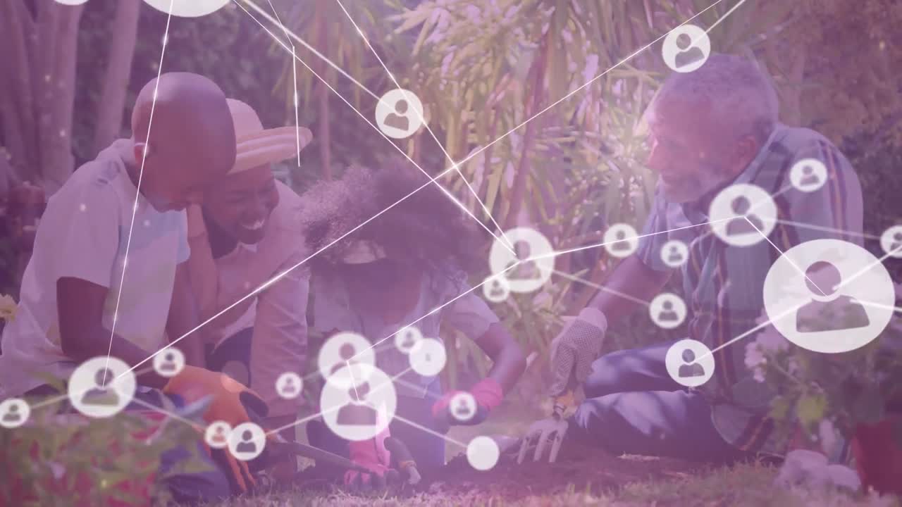 red de iconos de perfil contra la jardinería familiar afroamericana juntos en el jardín