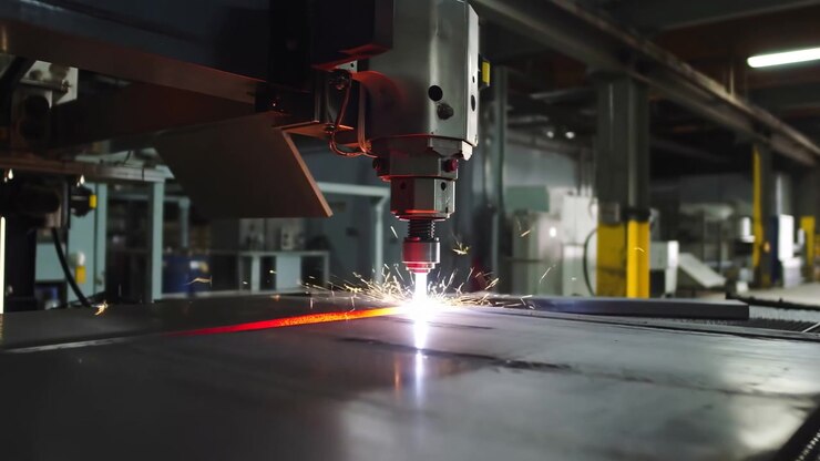 Primo piano di taglierine al plasma e laser CNC che tagliano una lamiera d'acciaio su un banco da lavoro, emettendo scintille luminose e un bagliore incandescente.