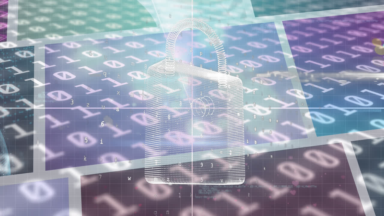 연결 네트워크의 애니메이션, 온라인 보안 패드록 및 화면의 데이터 처리