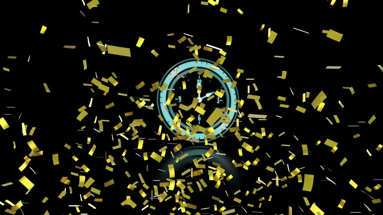 Animazione di un orologio con lancette che si muovono velocemente e coriandoli dorati che cadono su sfondo nero