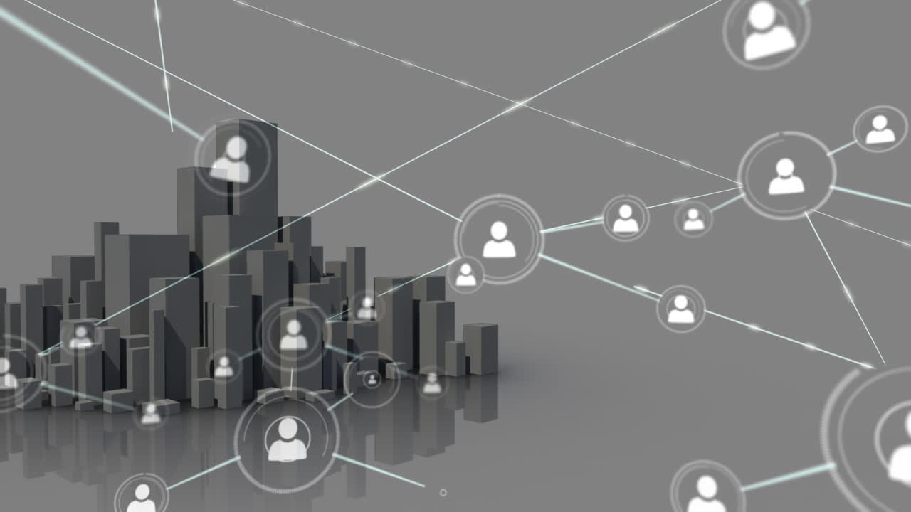 Animazione di rete di connessioni con icone su un moderno edificio