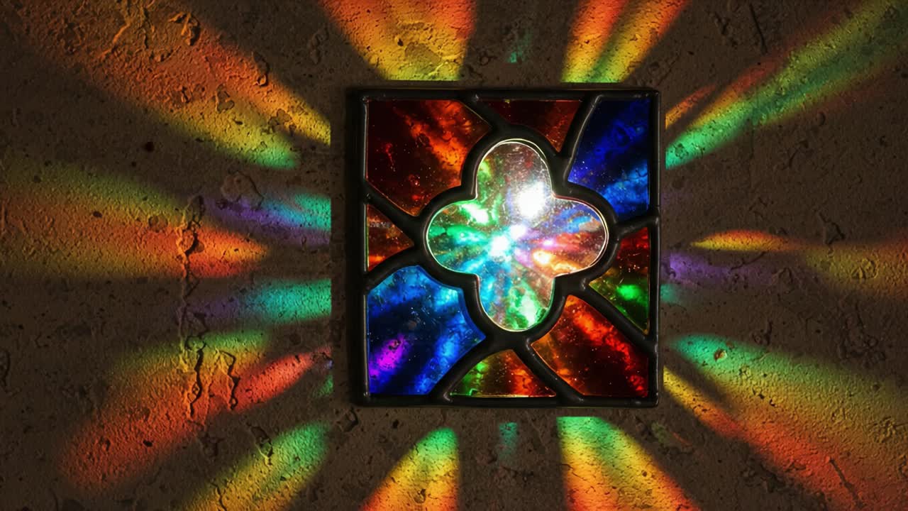 A Stunning Display of Colors: Vibrant Light Reflections from a Stained Glass Window Pendant Casting Patterns on a Textured Wall
