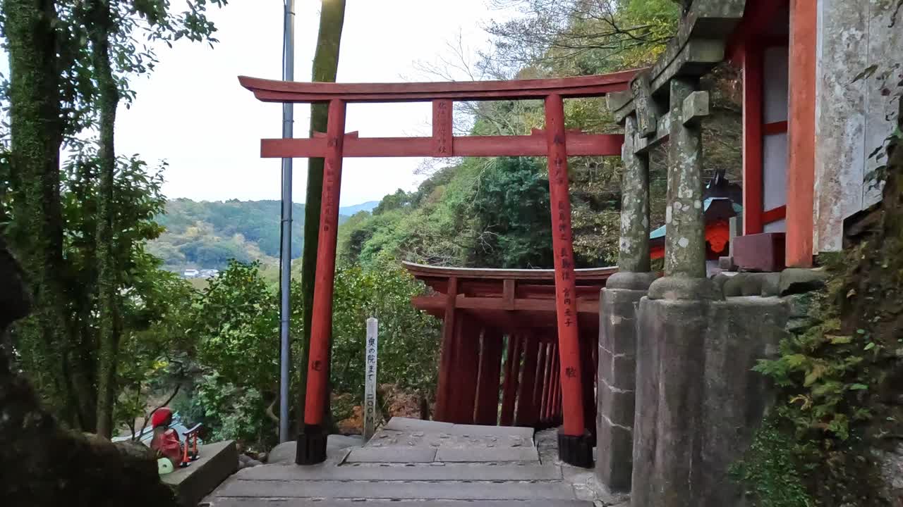 se acerca a las puertas de torii en el segundo santuario inari más grande de japón.