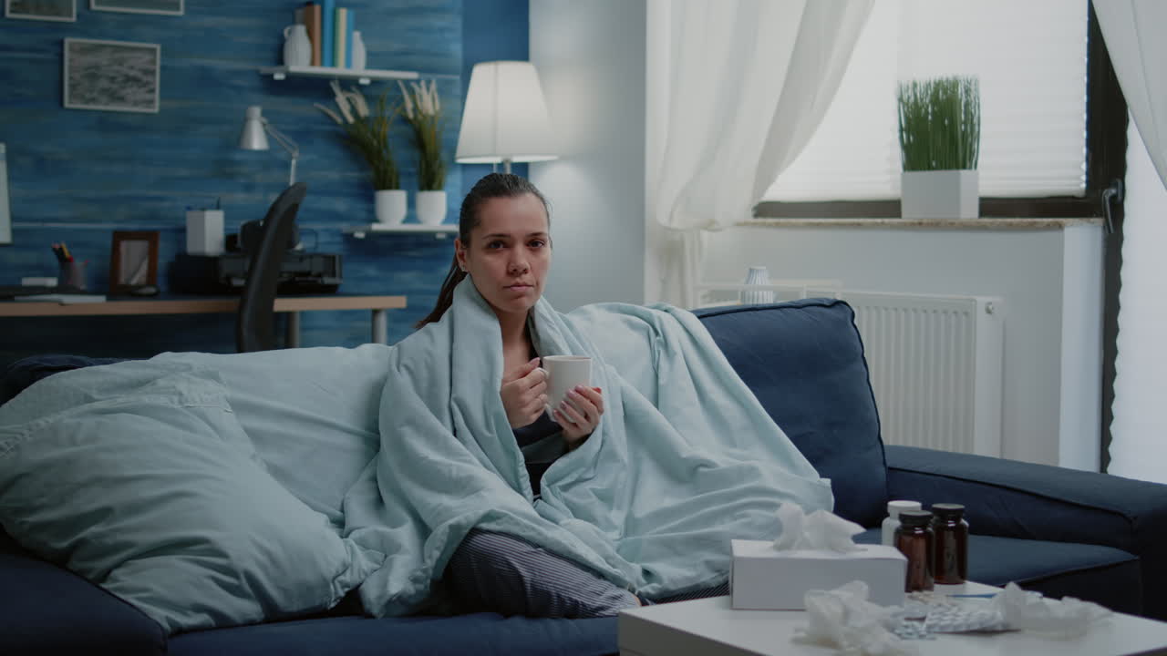 Woman with seasonal cold holding cup of tea wrapped in blanket