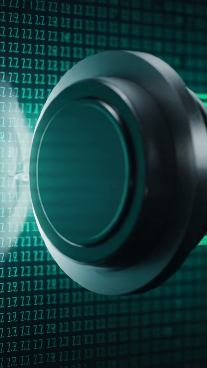 Vertical video: Entering metallic circular disc moving left across teal code grid, creating glare