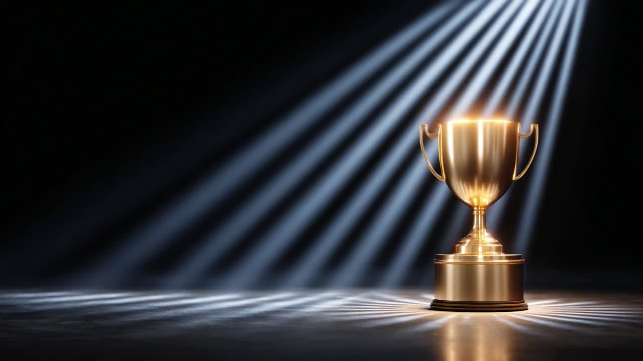 A Glimmering Golden Trophy Illuminated by Radiant Light Beams, Symbolizing Victory and Achievement in a Captivating Dark Background