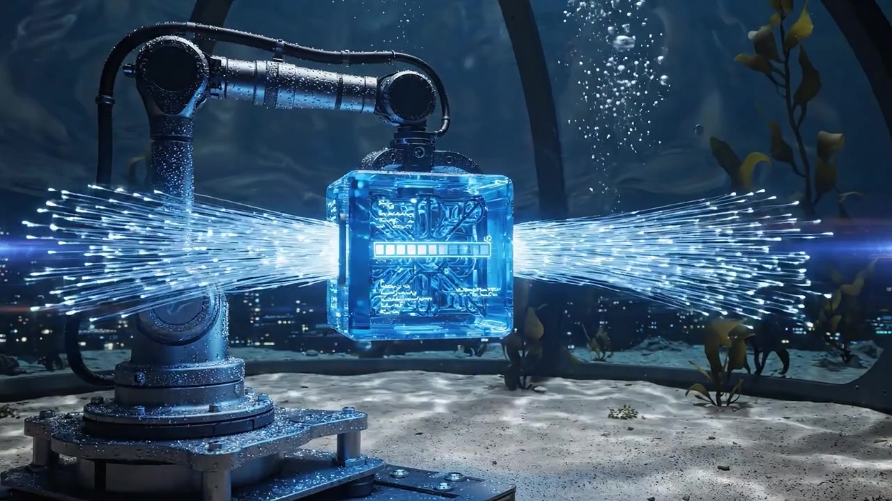 A robotic arm manipulates a glowing blue cube in an underwater dome, surrounded by bubbles and aquatic flora, showcasing advanced technology in a serene marine environment.