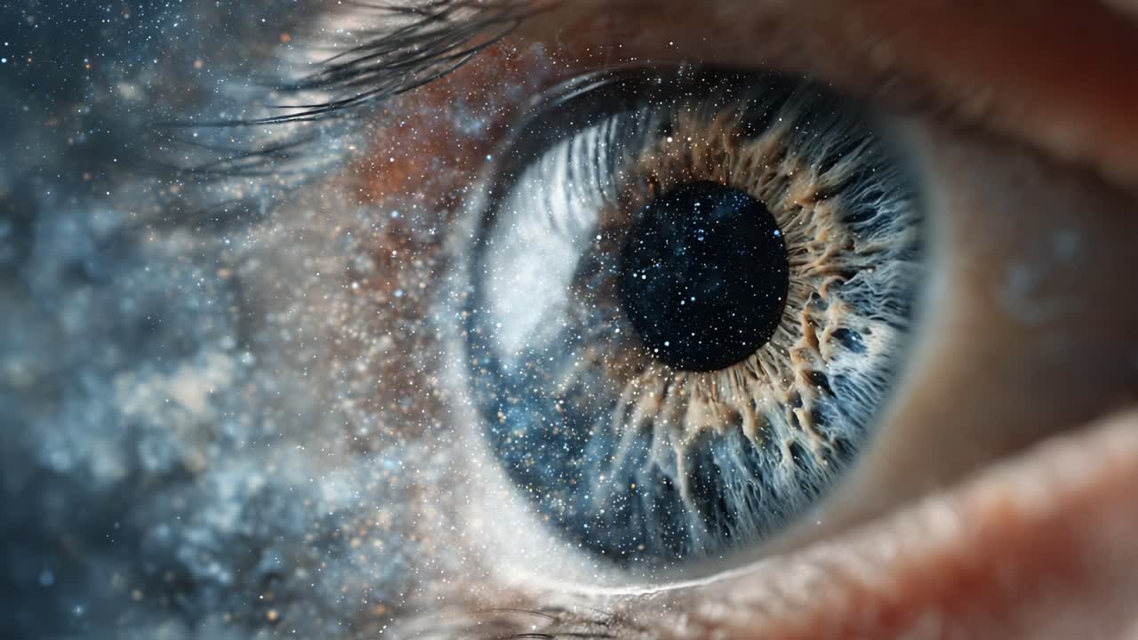 Un primo piano accattivante di un occhio che si fonde con uno sfondo celeste, a simboleggiare la connessione tra la percezione umana e l'immenso universo