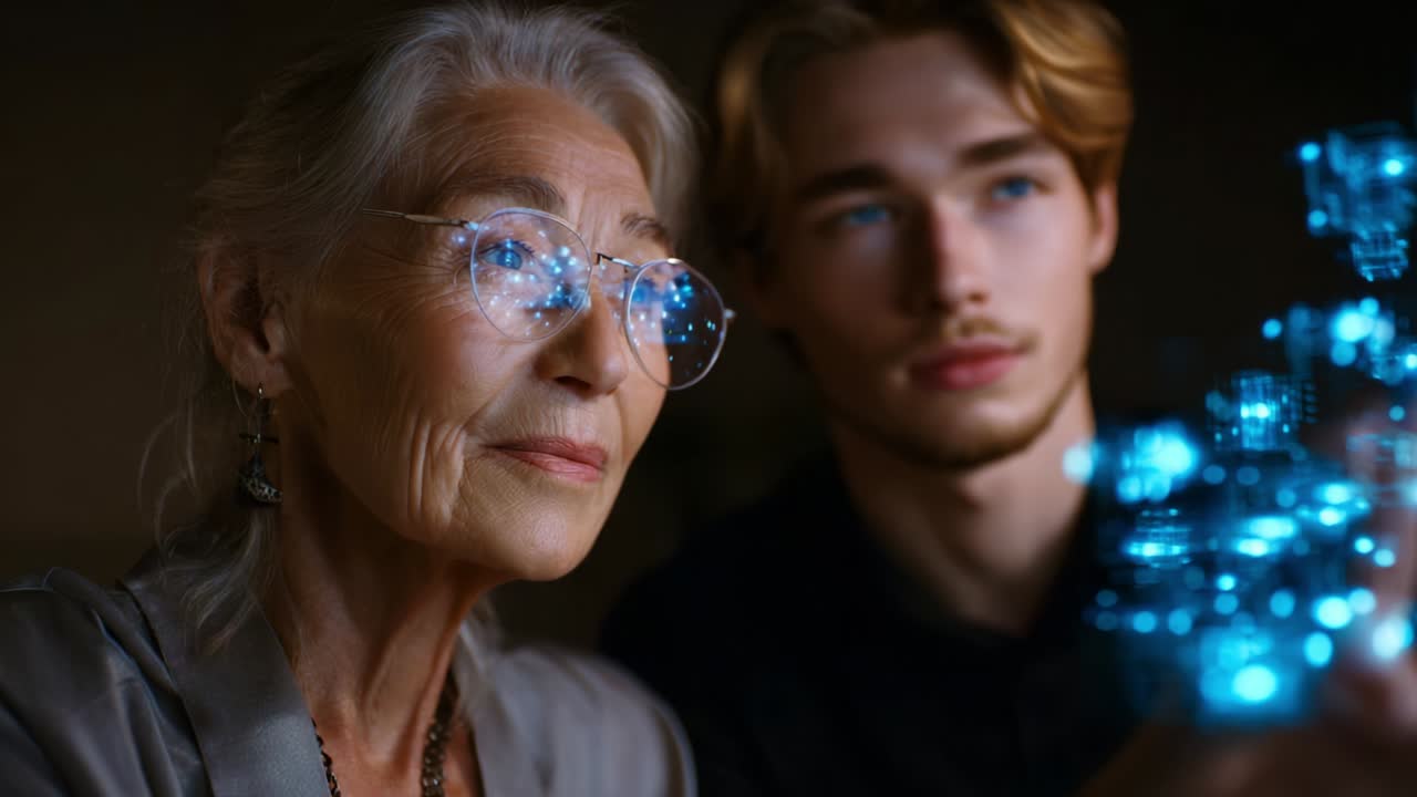 Ames and Generational Wisdom: An Elderly Woman and a Young Man Engage in Fascinating Discussion with Futuristic Holographic Elements, Showcasing the Intersection of Age, Technology, and Insight