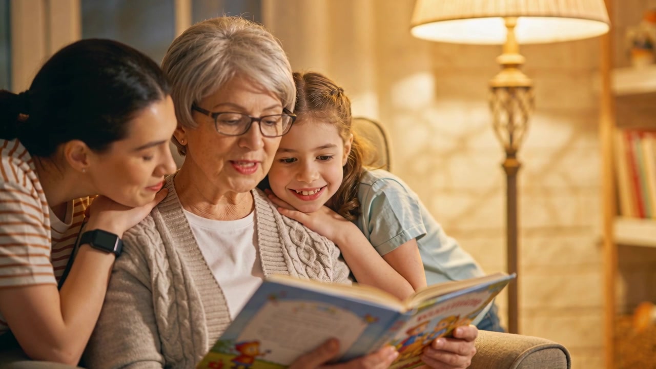 Aprendo un libro illustrato, una donna anziana legge ad alta voce su una sedia in salotto per il momento della storia in famiglia.
