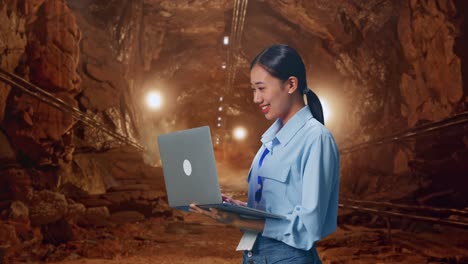 side view of asian female with her laptop in underground mine tunnel, typing on her laptop's keybaord with meditation
