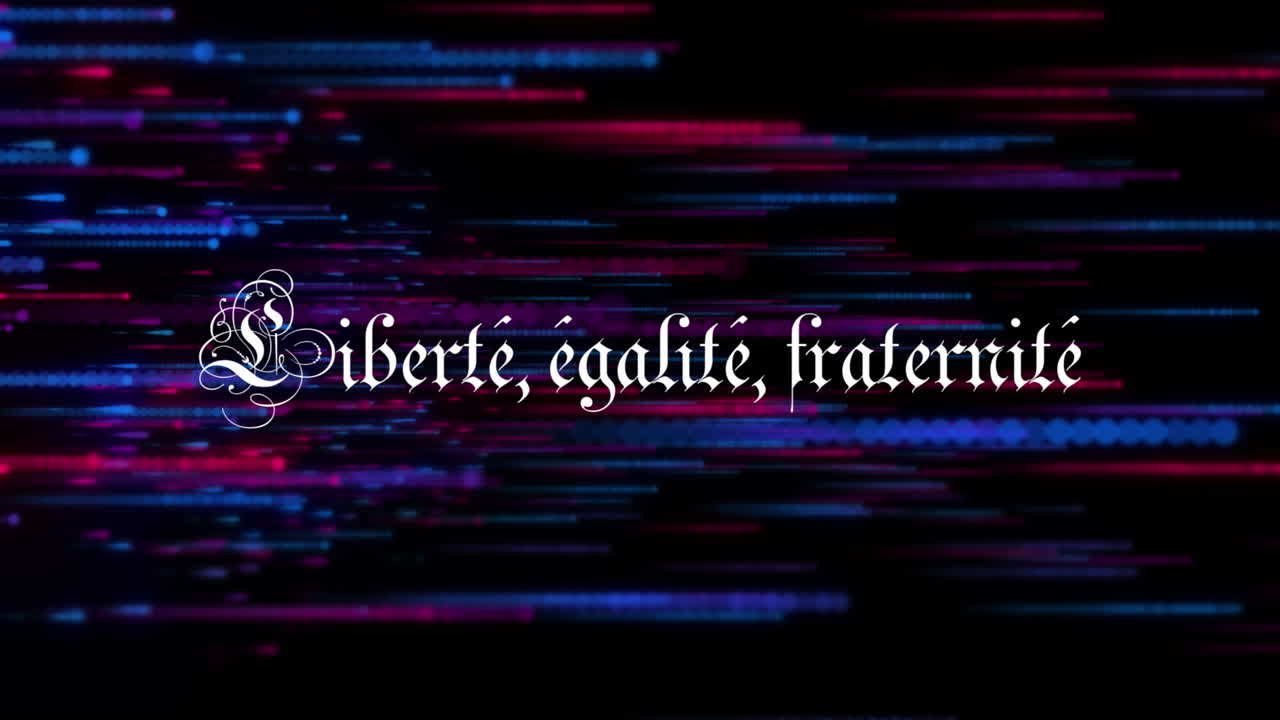 animación del texto liberte, egalite, fraternite y los colores de la bandera francesa sobre fondo negro