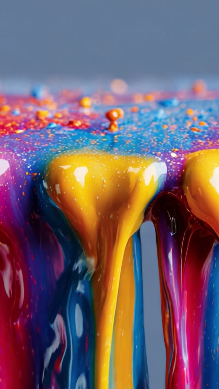 Vivid Liquid Colors Dripping Down in a Melting Cascade of Bright Rainbow Hues with Sparkling Glitter and Glossy Texture Captured in Stunning Detail