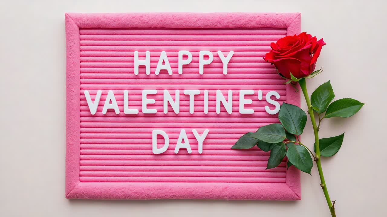 Showing pink felt letter board with white letters HAPPY VALENTINE'S DAY on beige table, red rose