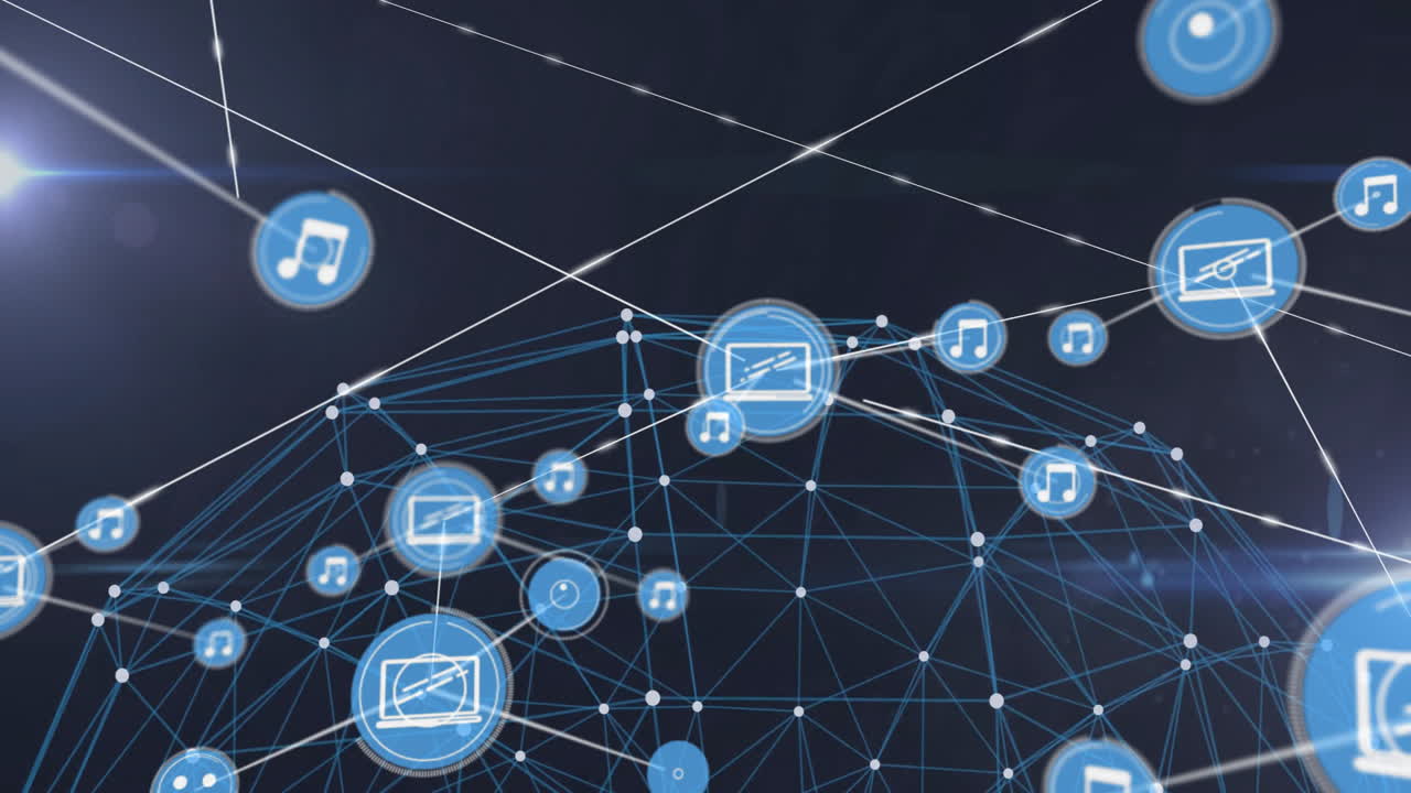 Animation of digital music and media icons connected by lines and nodes