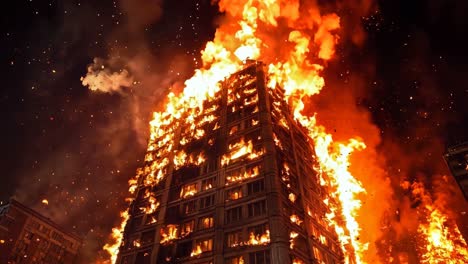 a tall building is engulfed by flames in the dark