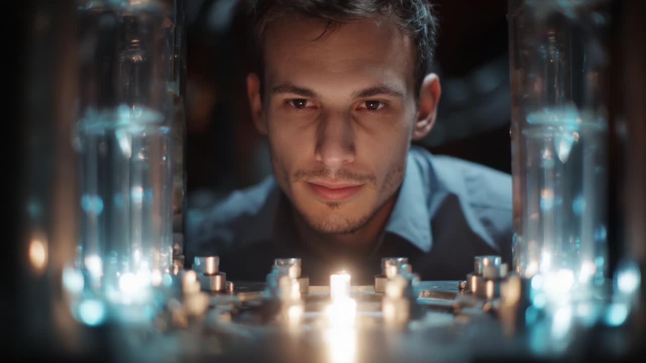 A focused man peers at glowing components within a mechanical structure, captivated by the interplay of light and technology as he engages with the intricate setup and contemplates its potential