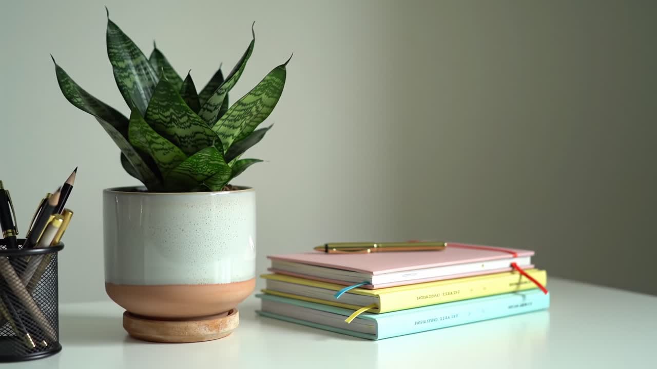 A Serene Workspace Featuring a Lush Plant and Colorful Notebooks on a Minimalist Desk, Perfect for Fostering Creativity and Organization