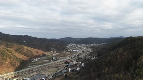 aerial drone fly over hills and mountains chuncheon city gangwon province, south korea