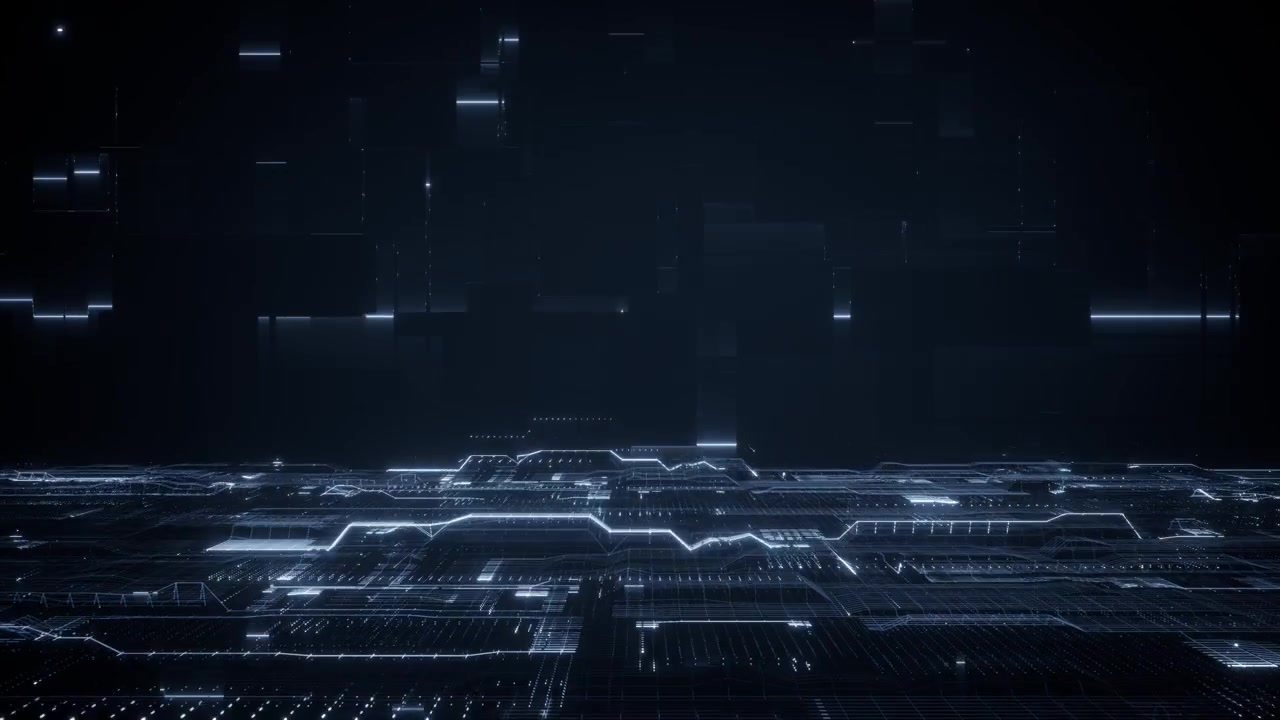 Futuristic dark digital landscape with glowing blue circuit lines