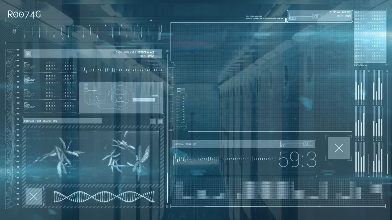 Animation of data processing on blue screen over servers
