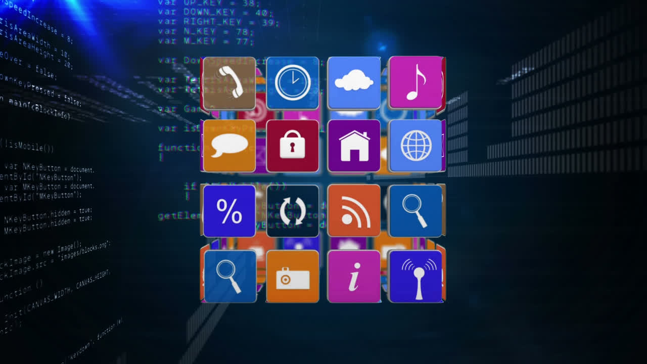 Internet icons in a cube with computer codes