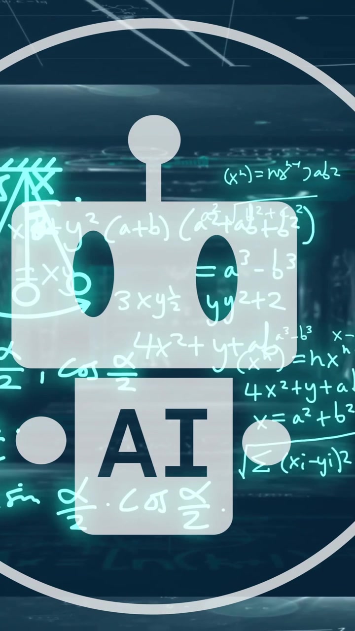 AI robot icon and mathematical equations animation over dark futuristic background