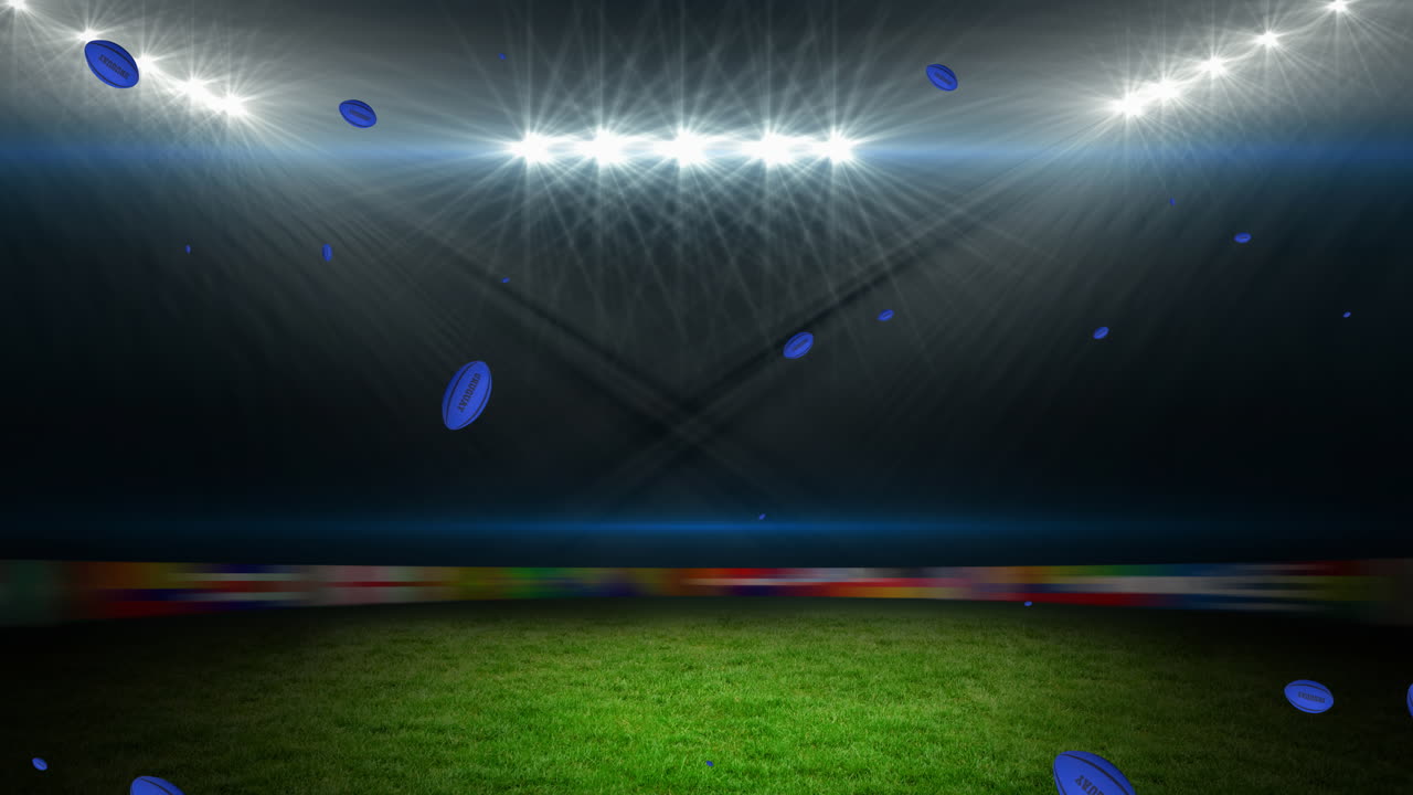 Animation of blue rugby balls with uruguay text at stadium