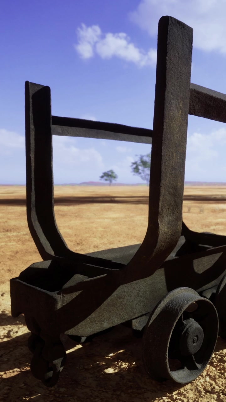 Vecchio carro vuoto sotto un cielo blu in un campo arido con pochi alberi.