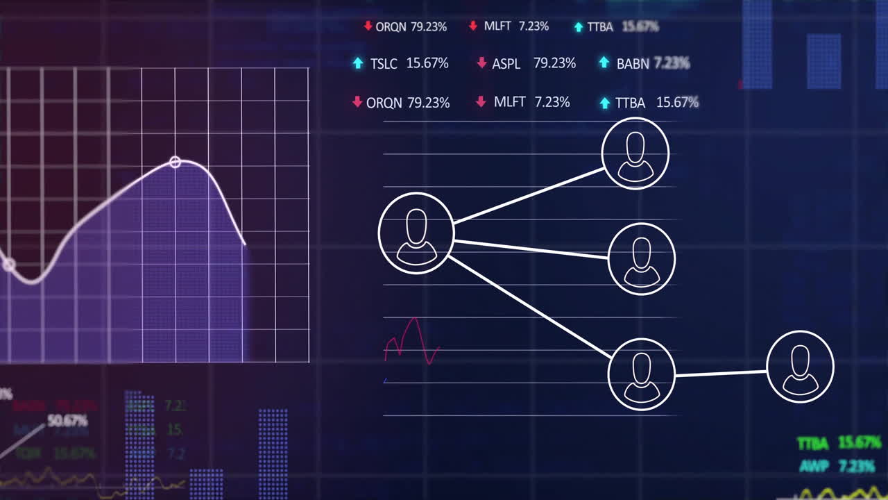 animación del procesamiento de datos financieros a través de la red con iconos de personas en fondo oscuro