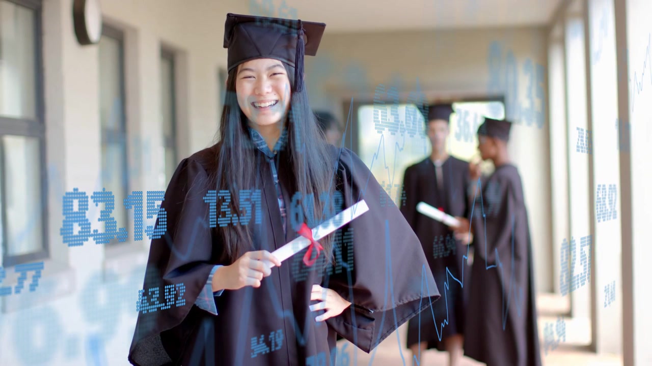 Female graduate holding diploma laughing camera zooming in blue graphs drifting over her for grad