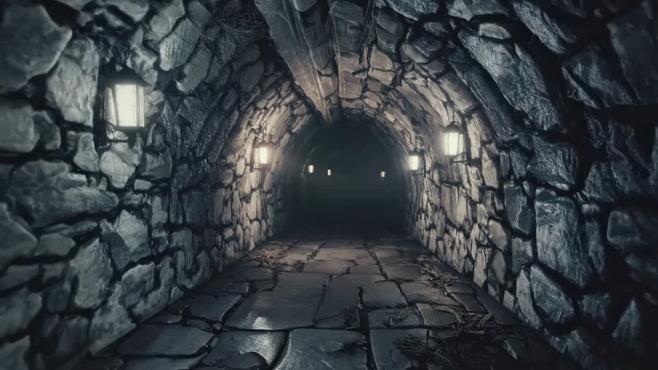 Dark stone tunnel illuminated by lanterns, showcasing a continuous perspective of the passageway, revealing intricate textures and atmospheric depth throughout the scene