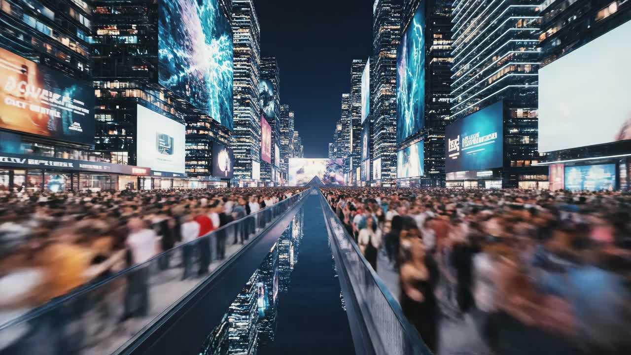 Futuristic Cityscape at Night with Large Crowd