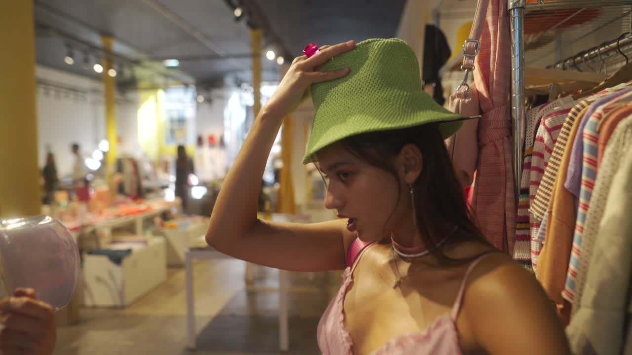 Woman tries on green bucket hat at clothing store