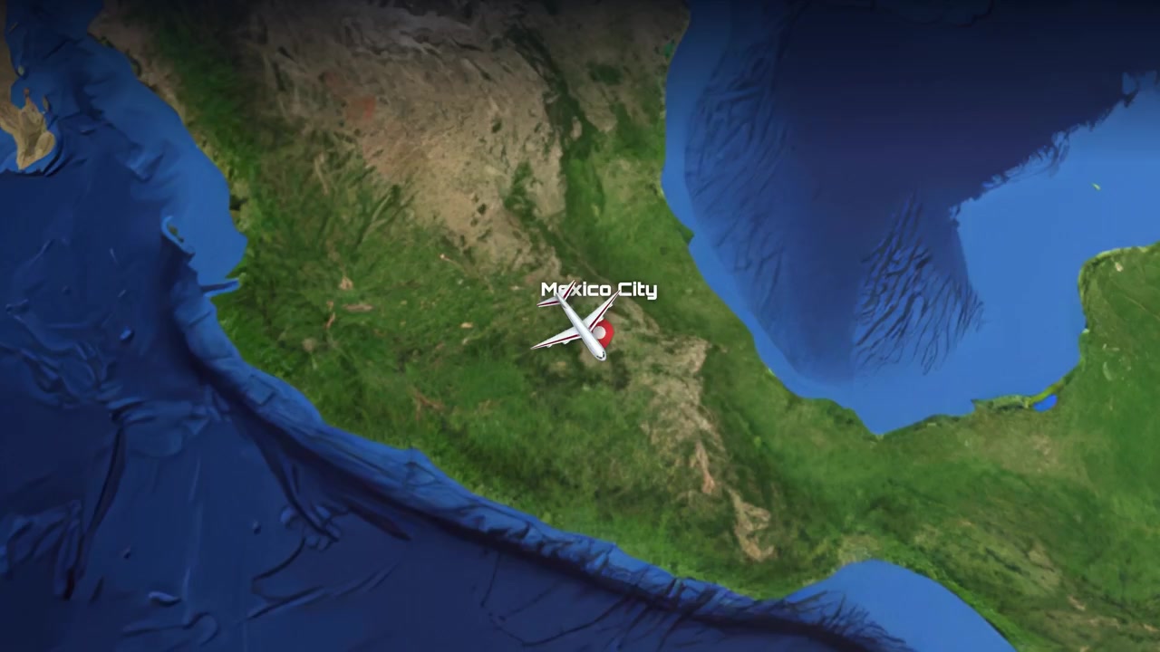 Satellite view animation follows an airplane flying from Bangkok across the Pacific to Mexico City