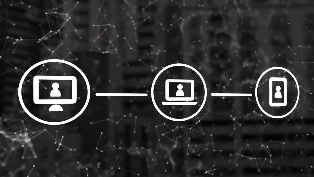 animación de iconos digitales con una red de conexiones sobre un fondo negro