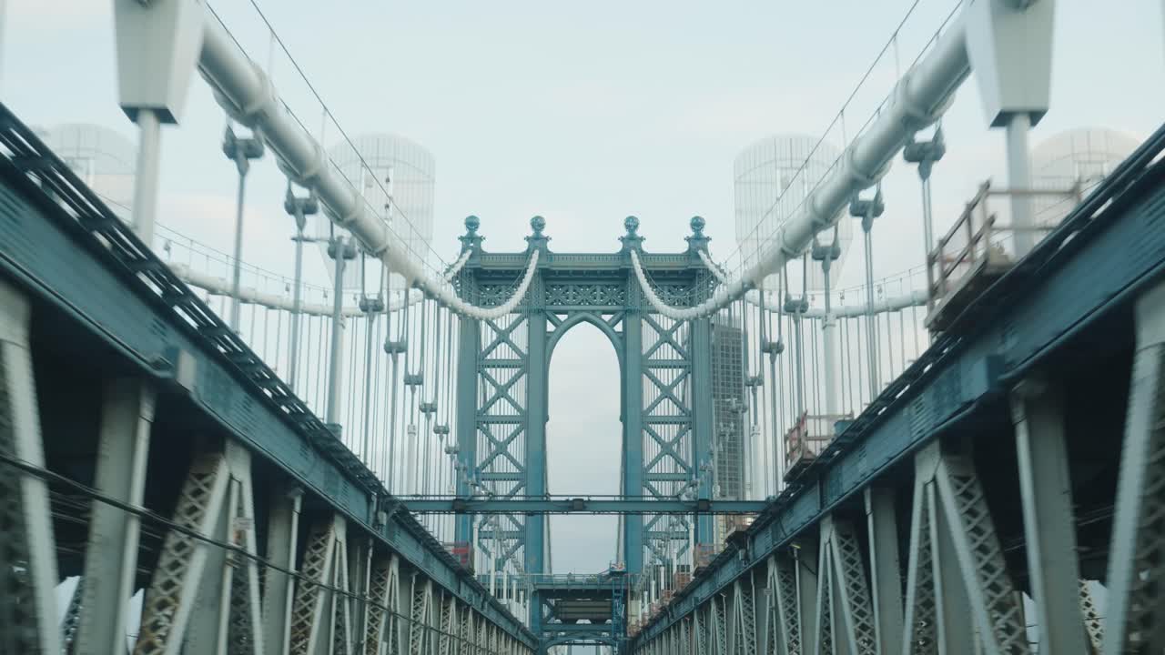 Pov drive over Manhattan Bridge in New York City during cloudy day