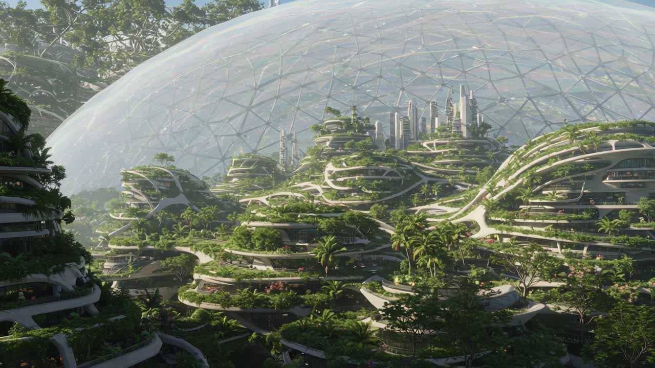 A Futuristic Eco-City Enclosed in a Transparent Dome, Showcasing Sustainable Architecture Surrounded by Lush Greenery and Innovative Urban Designs