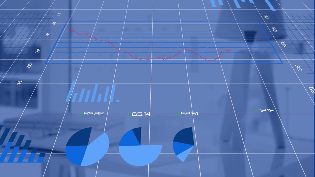 Animation af statistik og finansiel databehandling over et skrivebord på et kontor
