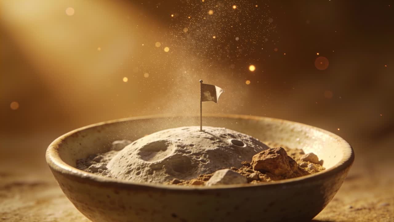 Entering beam lighting ceramic bowl on table showing cratered mound, flag, dust rising evoking moon