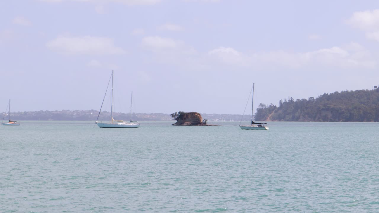 뉴질랜드 오클랜드의 웨스트헤이븐 (westhaven) 에서 세일보트를 포함한 만의 공중 풍경 4k