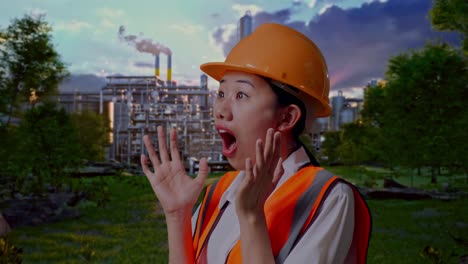 close up side view of asian female engineer with safety helmet smiling and saying wow while standing in front of oil refinery